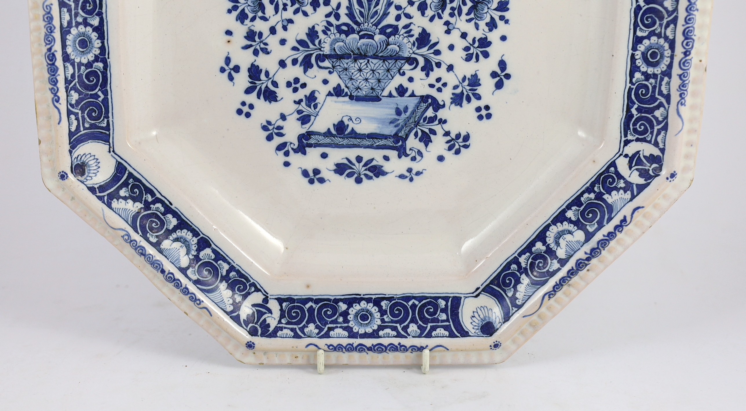 A large Strasbourg faience octagonal dish, c.1720-40, 35.5cm wide